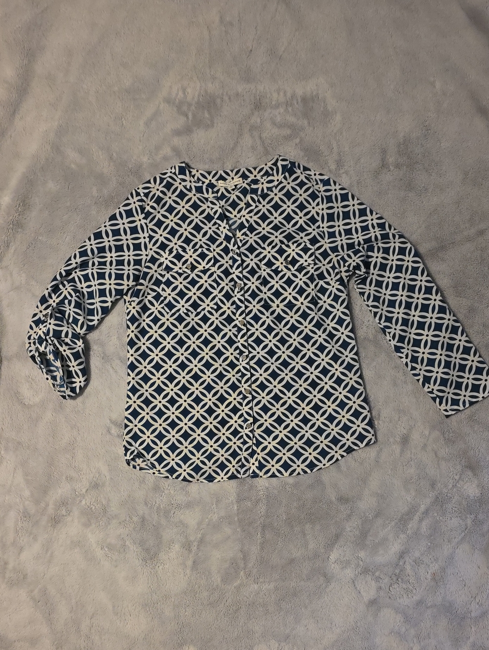 Notation Green And and White Geometric Print Blouse Size Small